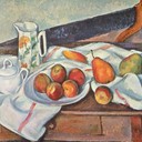 Zuccheriera, bricco e piatto con frutta  (Paul Cézanne)